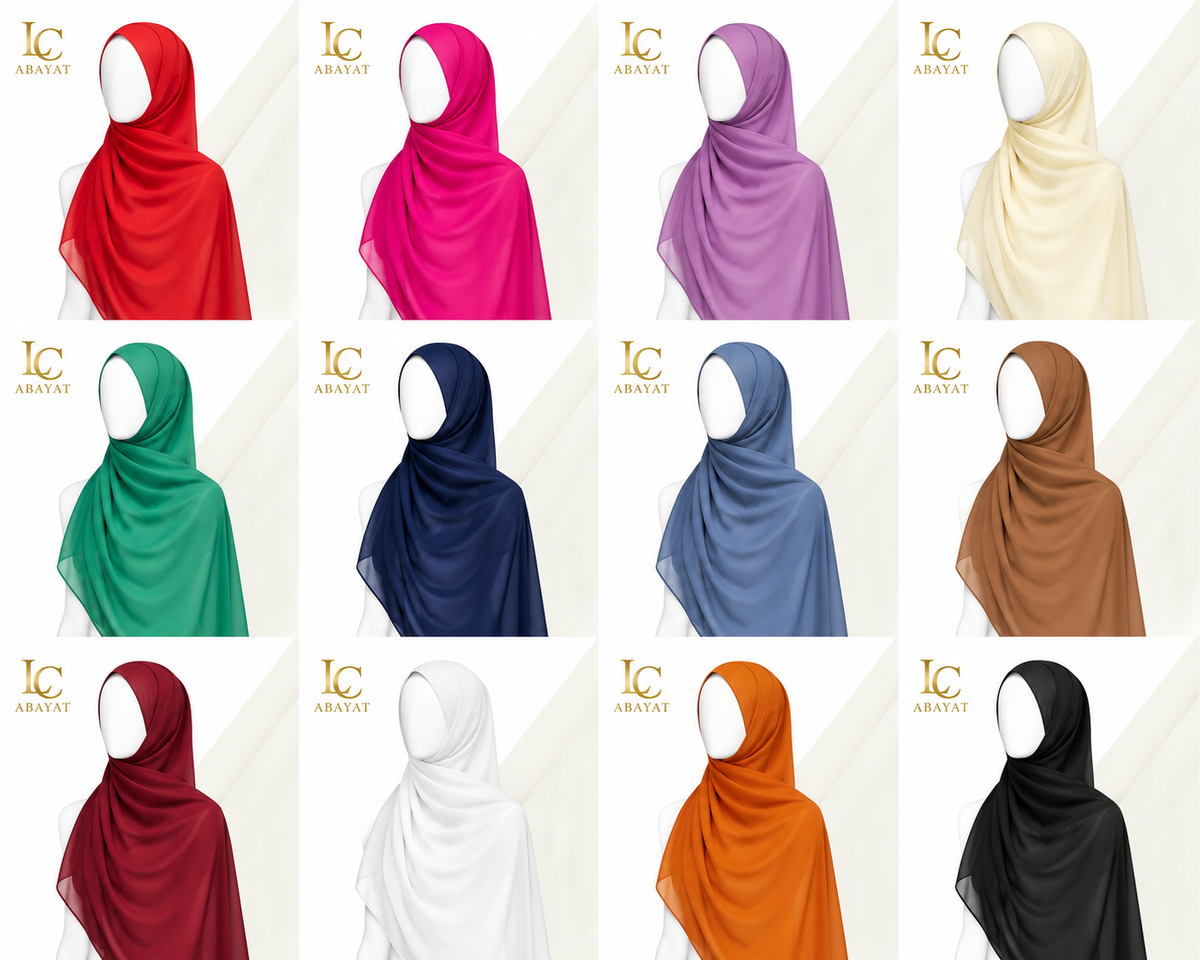 A 12-grid catalog display of LC Abayat hijabs in various solid colors, including red, pink, purple, cream, green, navy, blue, brown, burgundy, white, orange, and black, each shown on a white mannequin head against a light beige background with the LC Abayat logo.