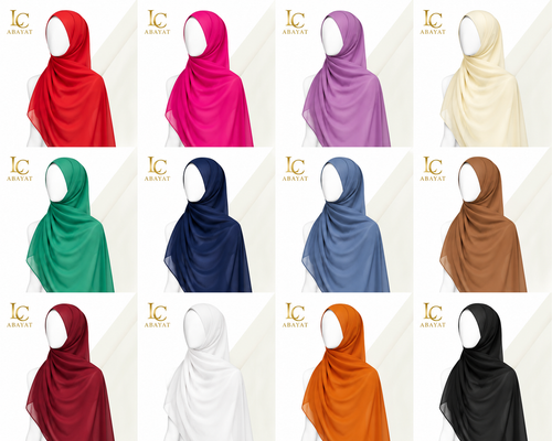 A 12-grid catalog display of LC Abayat hijabs in various solid colors, including red, pink, purple, cream, green, navy, blue, brown, burgundy, white, orange, and black, each shown on a white mannequin head against a light beige background with the LC Abayat logo.
