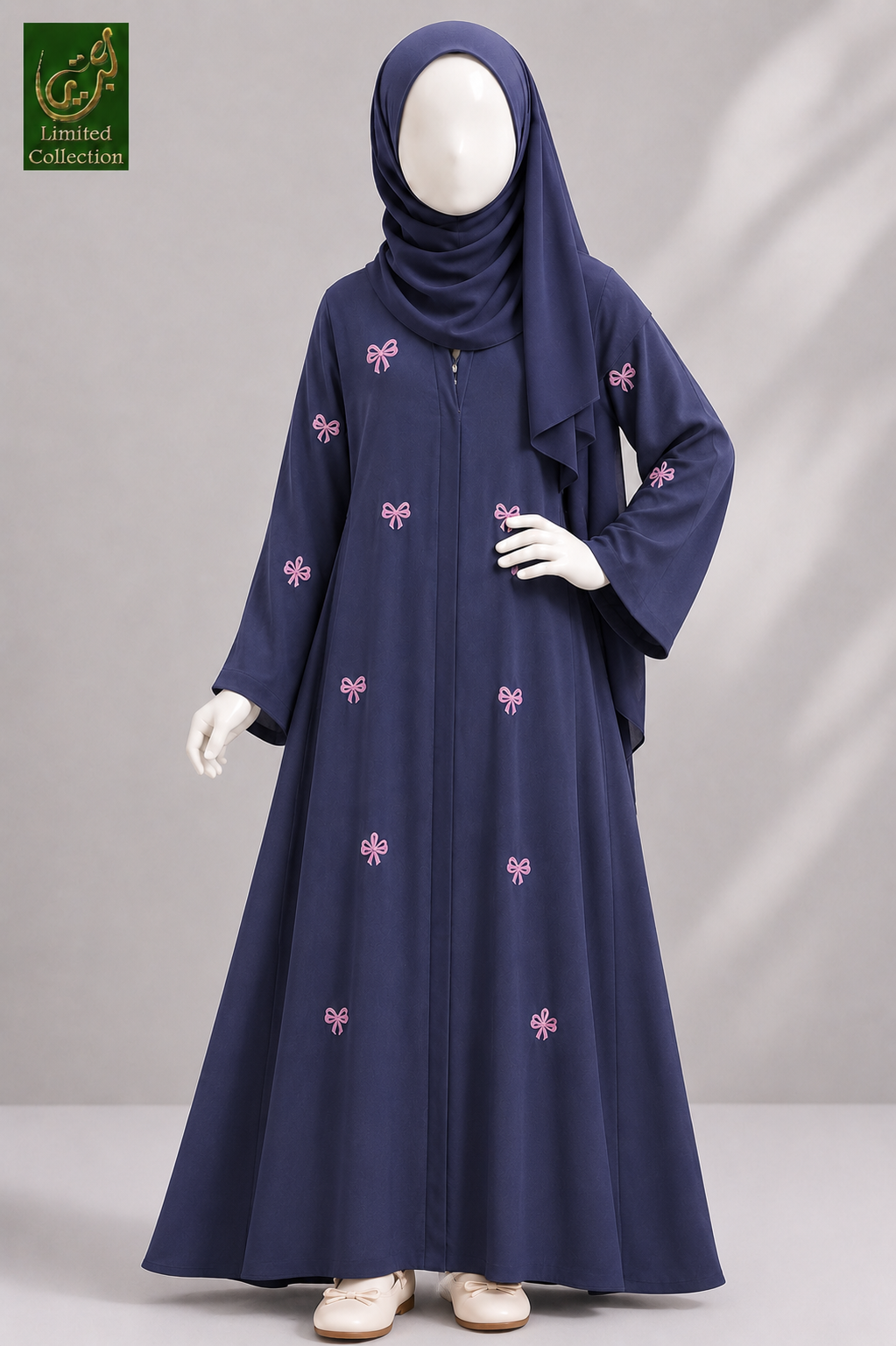 Kids Front-Open Bow Embroidered Abaya | Premium Nida Colorful Embroidered Abayas for Kids