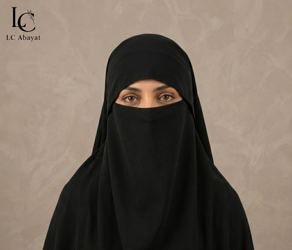 A woman wearing a black full-face modest head covering and face veil, shown from the chest up against a textured beige studio background. The LC Abayat logo appears in the top-left corner.