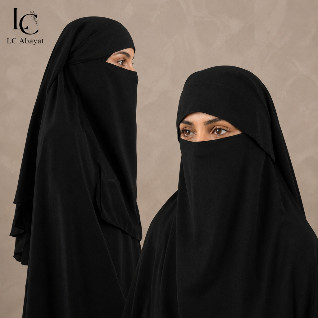 Two women wearing black Full size niqab shown from the side and front against a textured beige background. The brand logo 'LC Abayat' is visible in the top left corner.