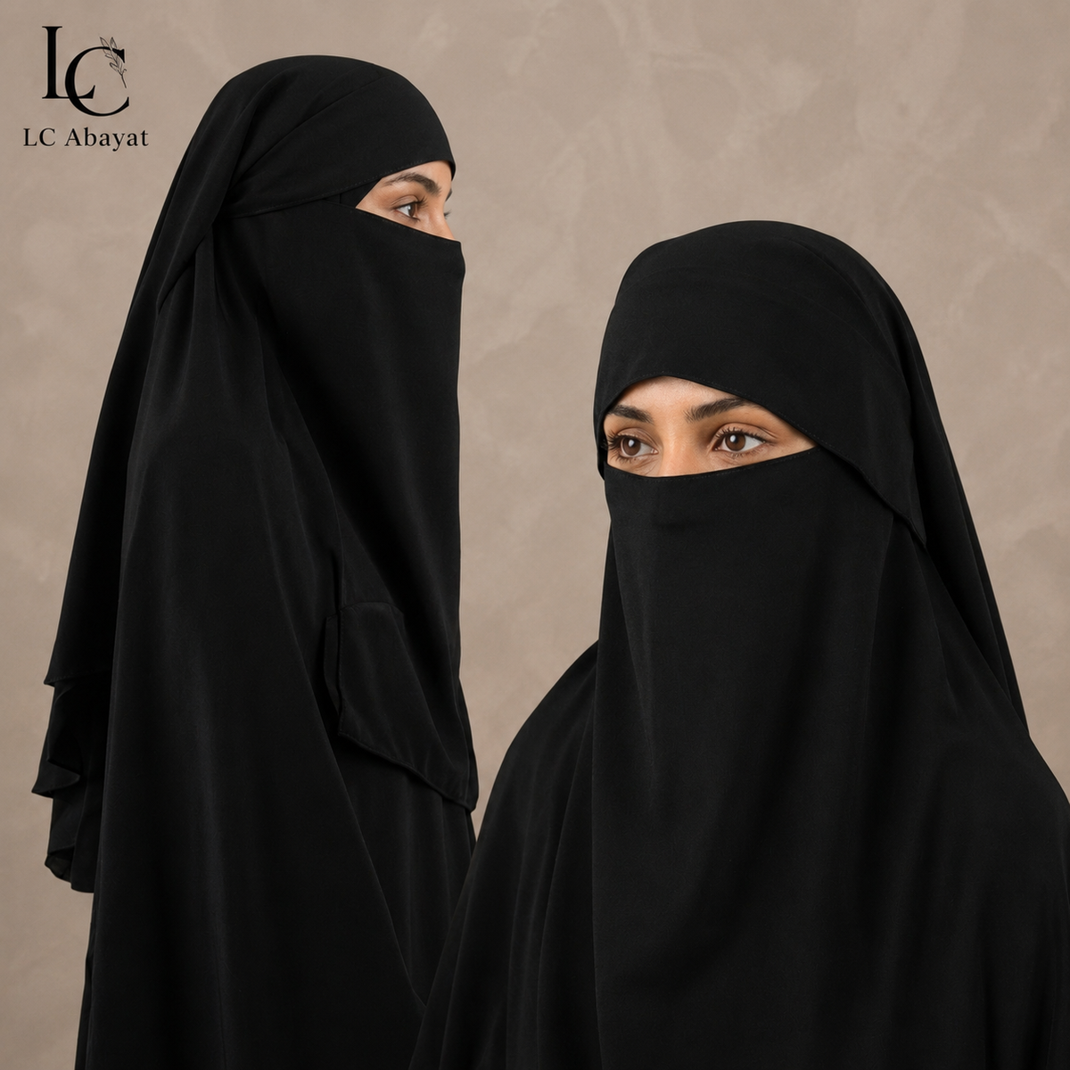 Two women wearing black Full size niqab shown from the side and front against a textured beige background. The brand logo 'LC Abayat' is visible in the top left corner.