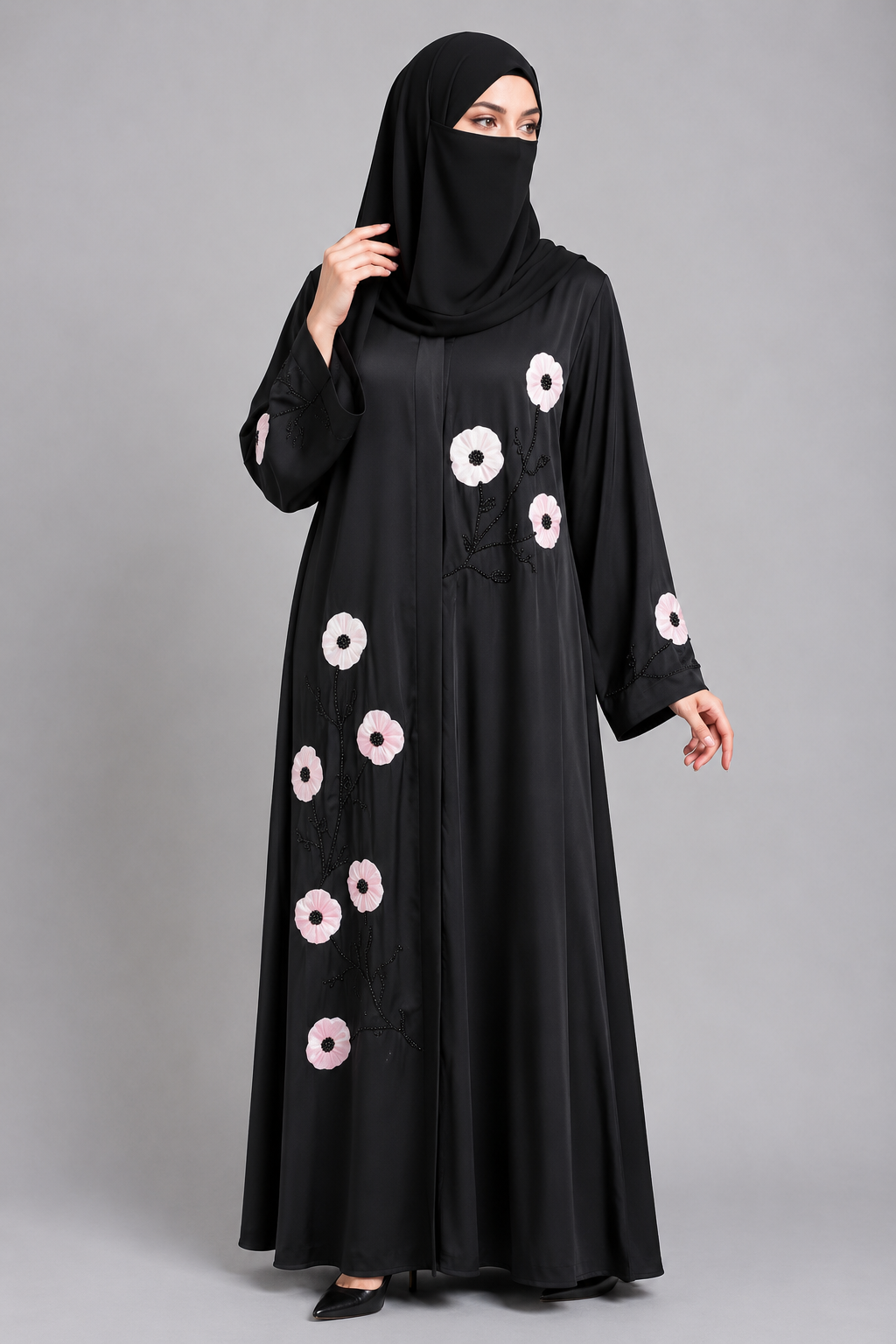 Front-Open Black Handcrafted Tissue Cutdana Abaya | Premium Nida Tissue Cutdana Handwork Abaya