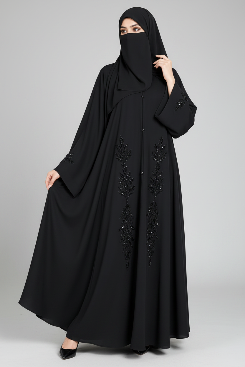 Front-Open Handcrafted Leaf Cutdana Black Abaya | Premium Romantic Nida Long Flare Handwork Embellished Abaya