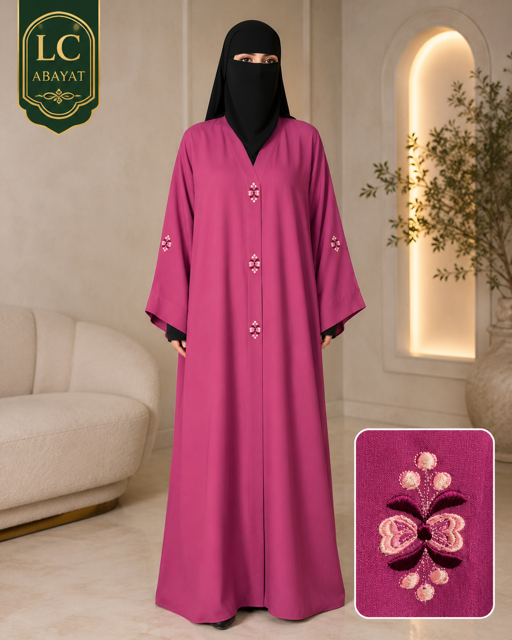 A woman wearing a magenta pink abaya with matching embroidered sleeve details and a black face covering, standing in a modern beige interior. An inset detail box in the bottom right shows the embroidered pattern, and the LC Abayat logo is in the top left corner.