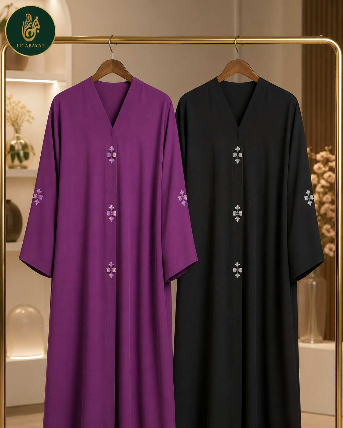 Two long V-neck abaya dresses hanging on a gold clothing rack in a boutique setting. The left dress is purple with white embroidered motifs, and the right dress is black with matching white embroidery.
