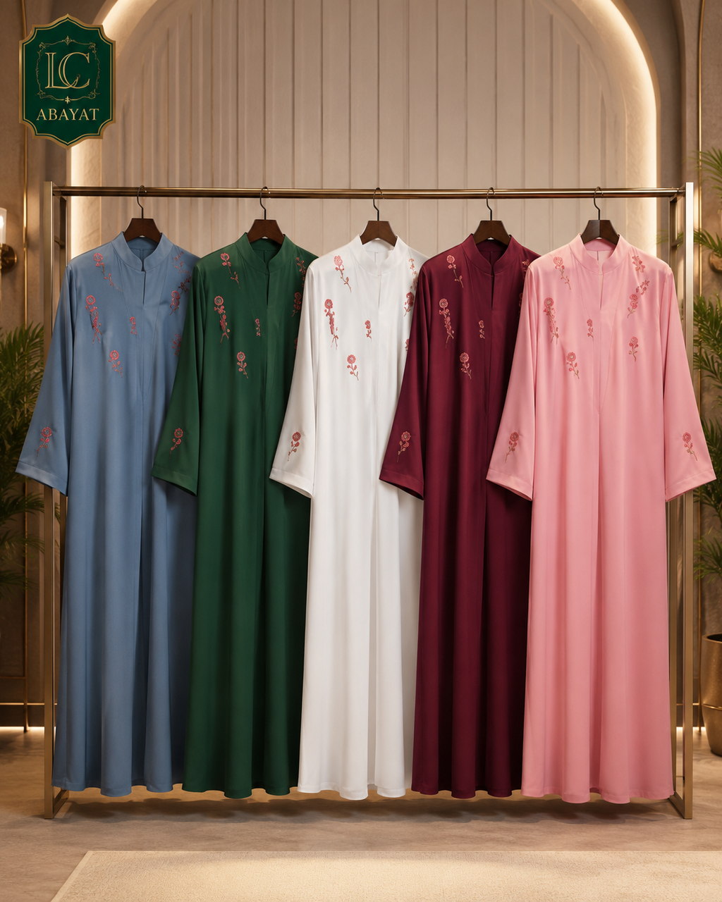 Five long modest garments hanging on a rack in a boutique setting, shown in dusty blue, forest green, white, burgundy, and blush pink, each with small floral embroidery near the chest. The background has warm lighting and a decorative wall.