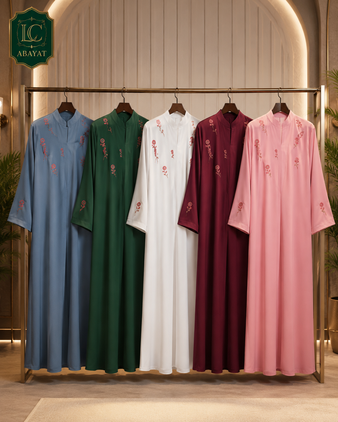 Five long modest garments hanging on a rack in a boutique setting, shown in dusty blue, forest green, white, burgundy, and blush pink, each with small floral embroidery near the chest. The background has warm lighting and a decorative wall.