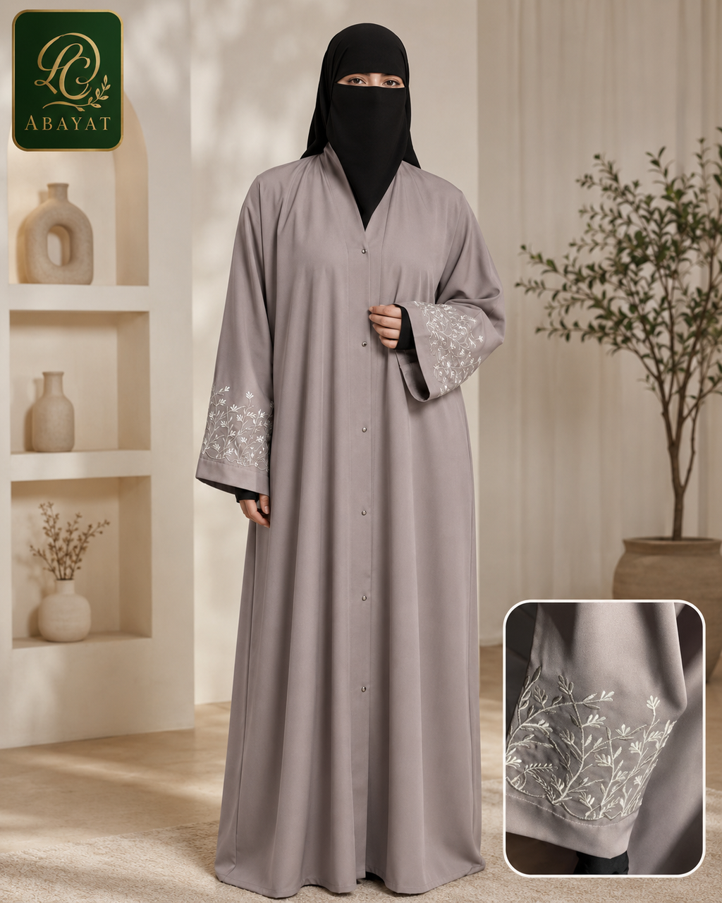 Front Open Abaya with Floral Embroidered Cuffs – Premium Nida Fabric