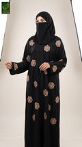 Front-Open Hexagon Motifs Stonework Embroidery Black Abaya | Premium Nida Embroidered Stone-Embellished Black Abaya
