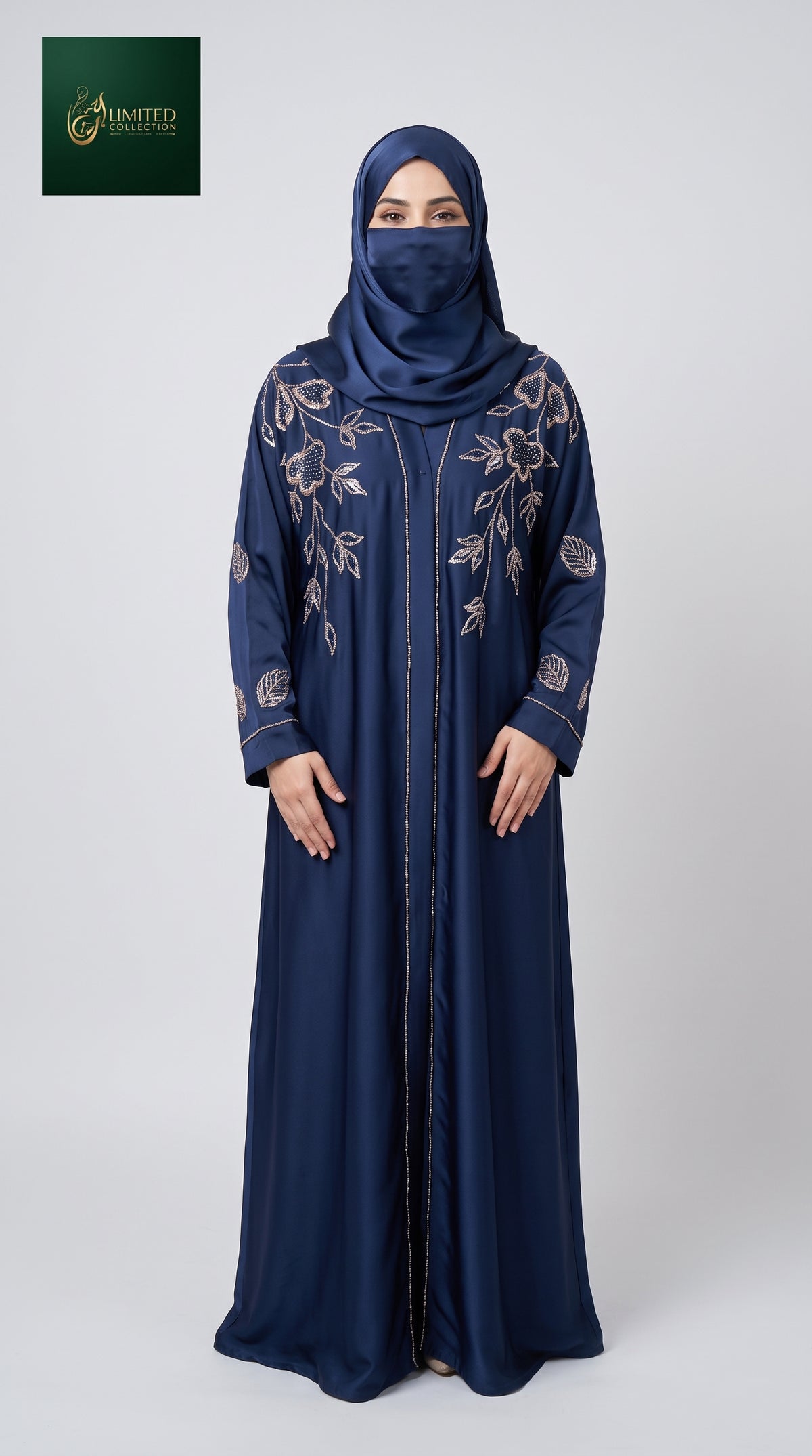 Front-Open Floral Stonework Embroidery Colorful Abaya with Sleeve Tassel | Premium Romantic Nida Embroidered Stone-Studded Abaya