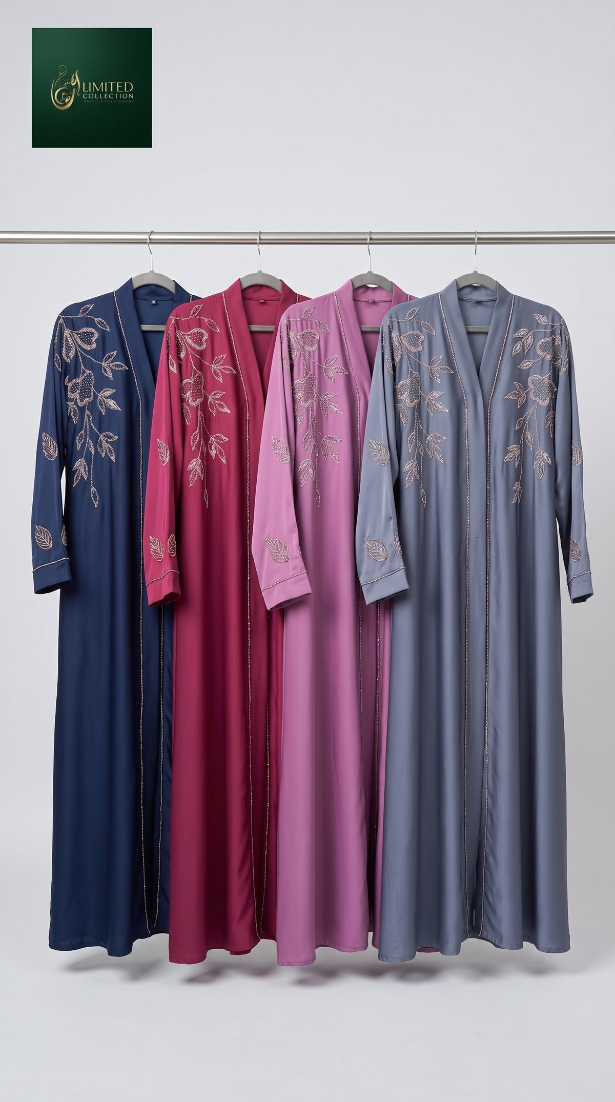 Front-Open Floral Stonework Embroidery Colorful Abaya with Sleeve Tassel | Premium Romantic Nida Embroidered Stone-Studded Abaya