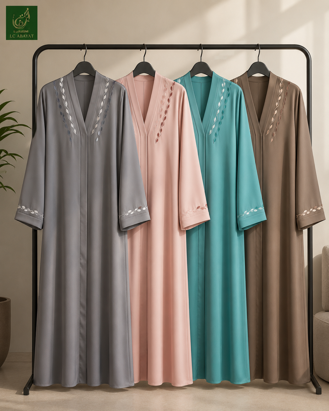 Front Open Abaya with Vine Embroidered Neckline | Romantic Nida Fabric