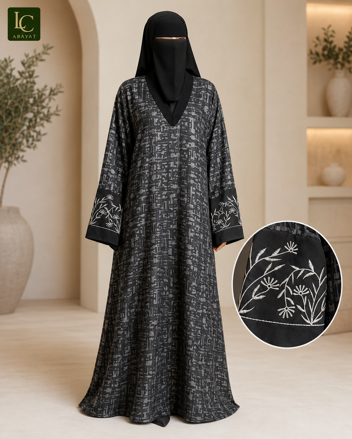 Front Open Abaya with Coat-Style Collar & Embroidered Sleeves