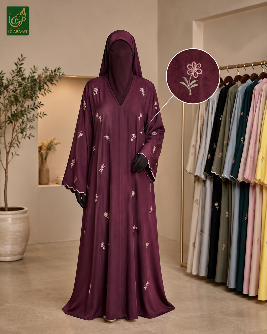 A woman wearing a long, floor-length deep purple abaya with white floral embroidery and a matching hood, standing in a boutique. An inset circle highlights the embroidery detail on the fabric.