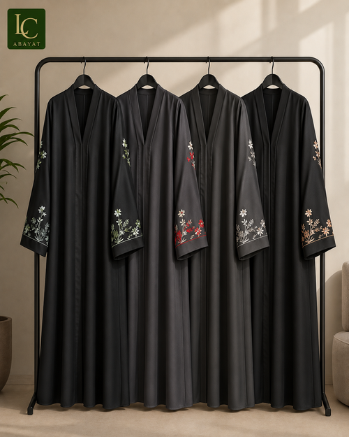 Front Open Black Abaya with Flowery Sleeve Embroidery | Romantic Nida Fabric