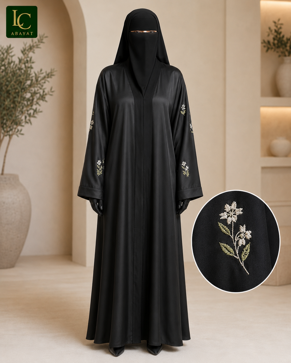 Front Open Black Abaya with Flowery Sleeve Embroidery | Romantic Nida Fabric