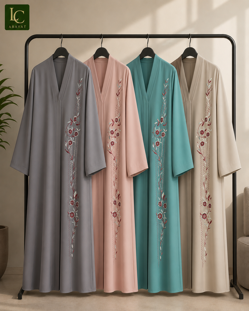 Front Open Abaya with Rose Vine Embroidery| Premium Nida Fabric