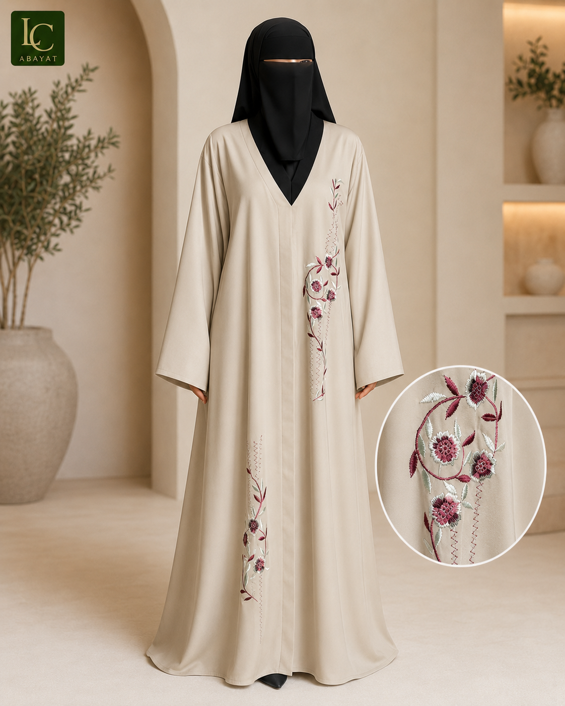 Front Open Abaya with Rose Vine Embroidery| Premium Nida Fabric