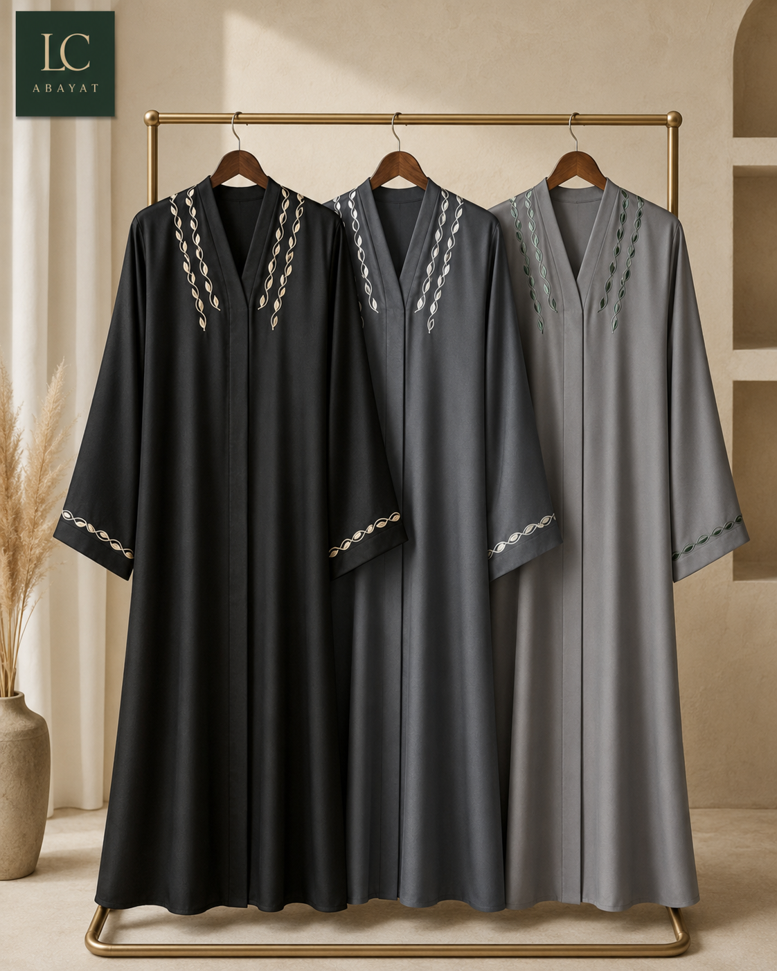 Front Open Abaya with Vine Embroidered Neckline | Romantic Nida Fabric