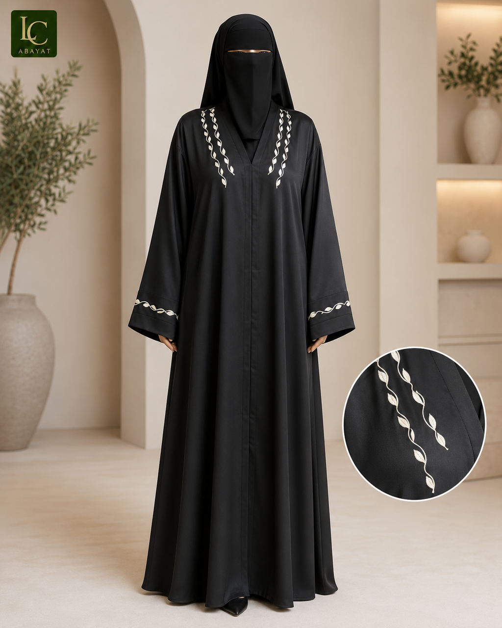 Front Open Abaya with Vine Embroidered Neckline | Romantic Nida Fabric