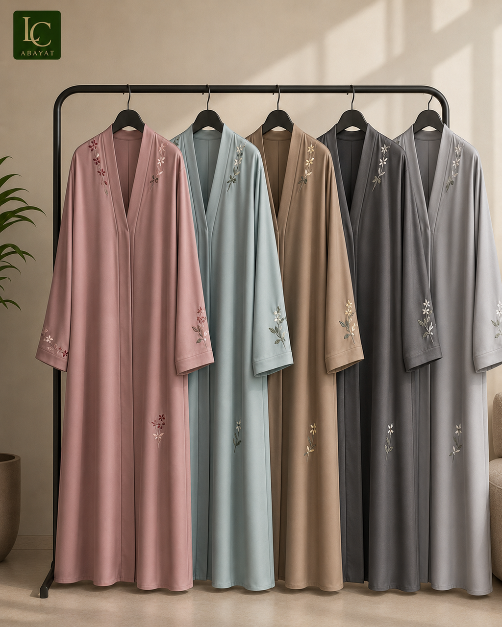 Five long Romantic Nida Front Open-style outerwear pieces in blus pink, powder blue, taupe, charcoal, and silver gray hang on a black clothing rack. Each piece has subtle jasmine embroidery near the neckline and lower skirt.