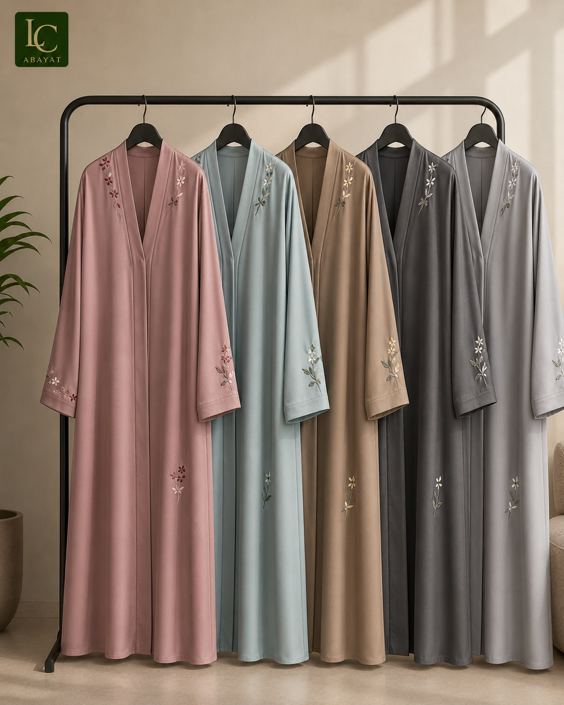 Five long Romantic Nida Front Open-style outerwear pieces in blus pink, powder blue, taupe, charcoal, and silver gray hang on a black clothing rack. Each piece has subtle jasmine embroidery near the neckline and lower skirt.