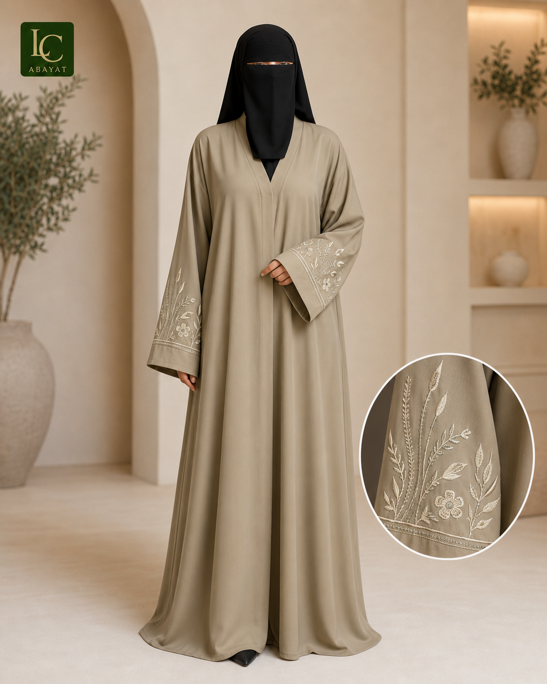 Front Open Abaya with Wildflower Embroidered Cuffs | Premium Nida Fabric
