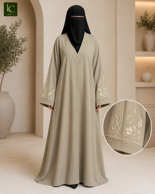 Front Open Abaya with Wildflower Embroidered Cuffs | Premium Nida Fabric