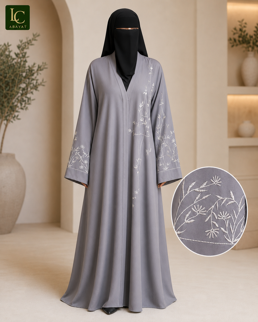 Front Open Abaya with Meadow Vine Embroidered Cuffs | Premium Nida Fabric