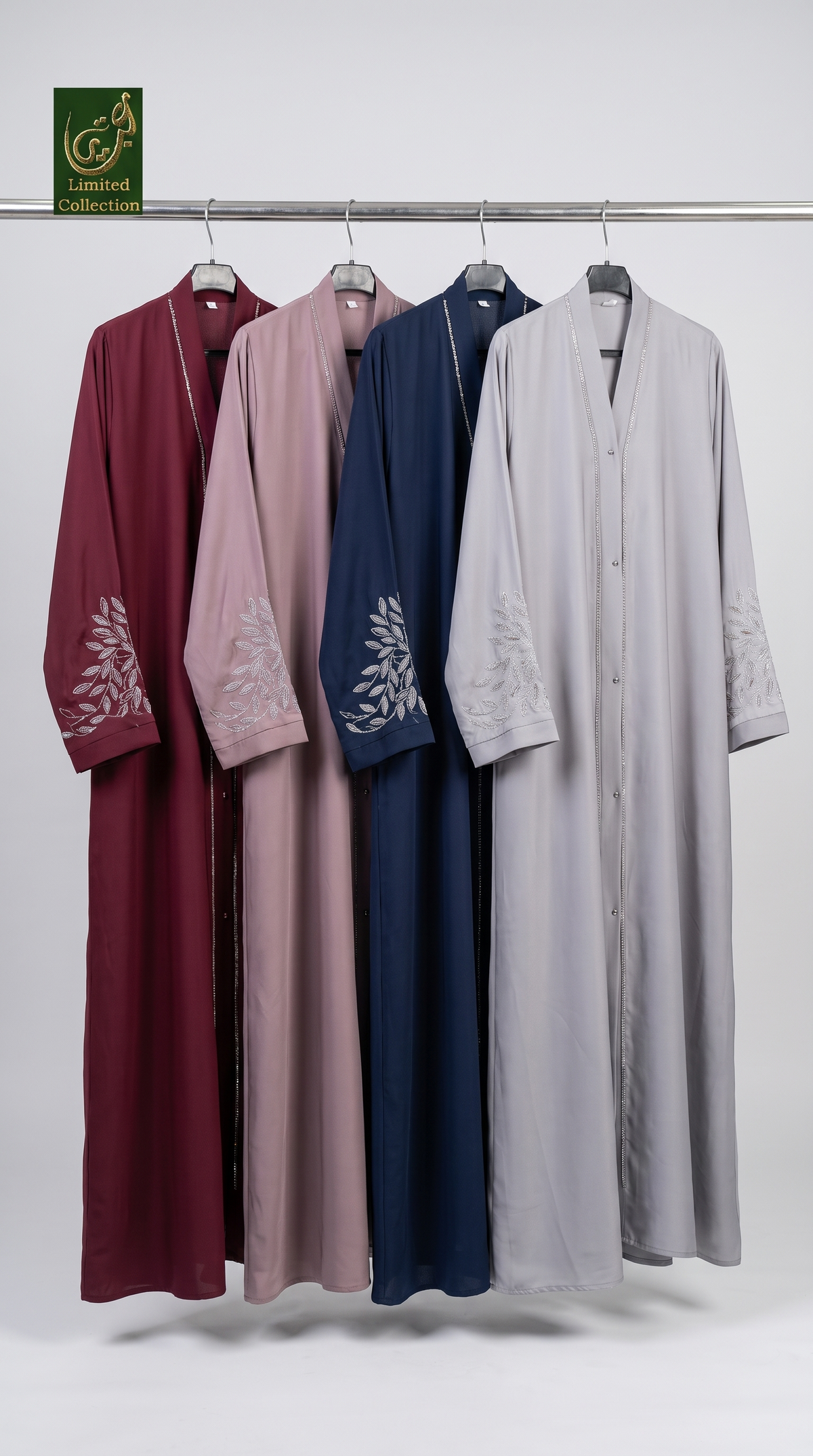 Front-Open Abaya with Stone-Embroidered Sleeves & Back | Premium Romantic Nida Stonework Abaya