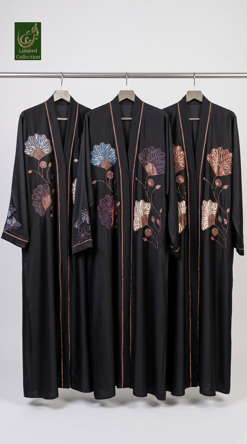 Front-Open Bloom Embroidered Stonework Abaya | Premium Romantic Nida Stone-studded Abaya