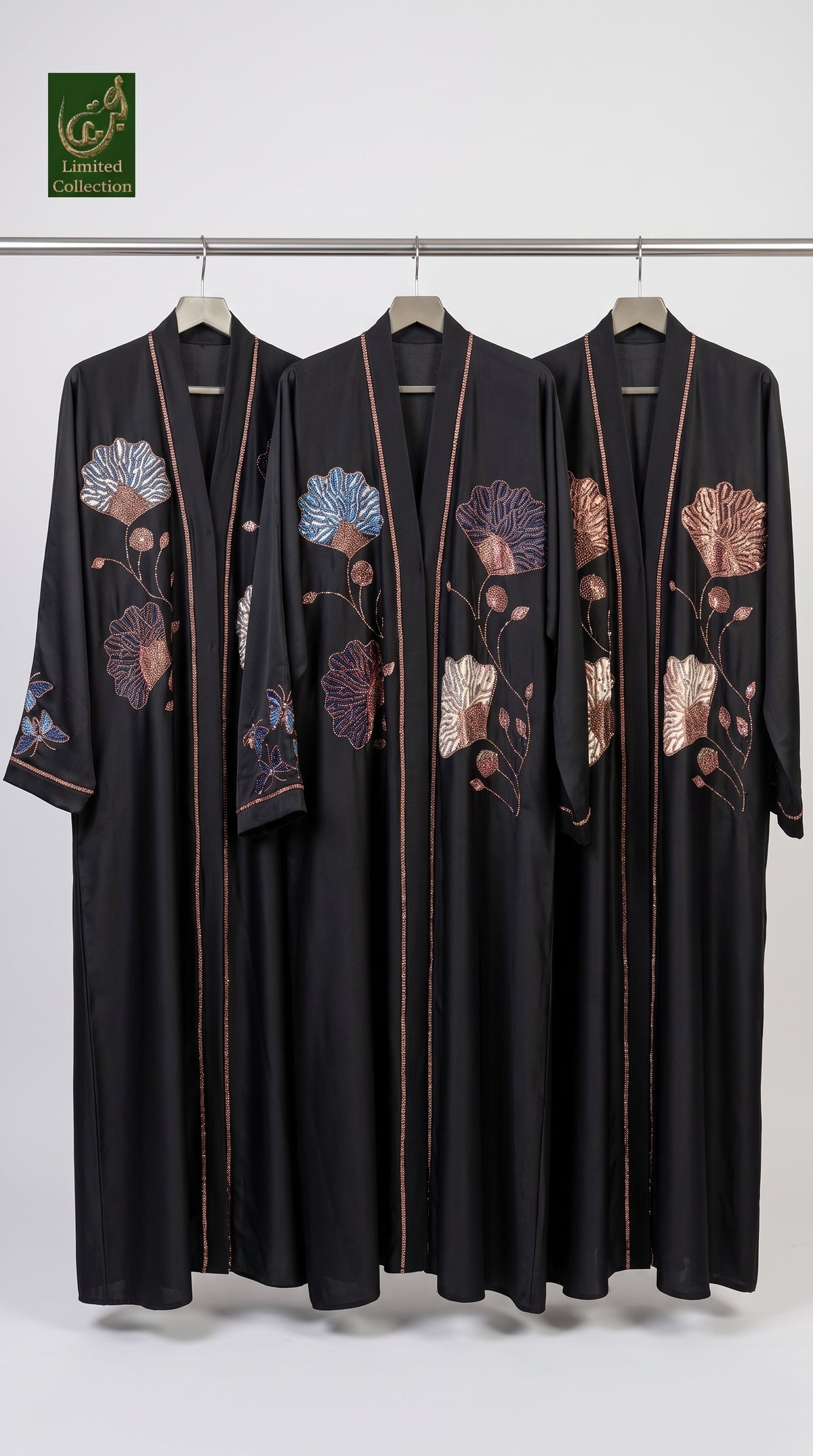 Front-Open Bloom Embroidered Stonework Abaya | Premium Romantic Nida Stone-studded Abaya