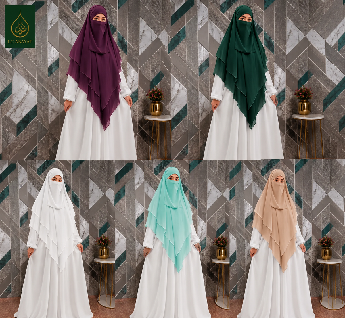 The model is seen wearing beautiful 3 layered plain Abeera Khimar with Niqab in 5 color variants. It's made with premium chiffon.