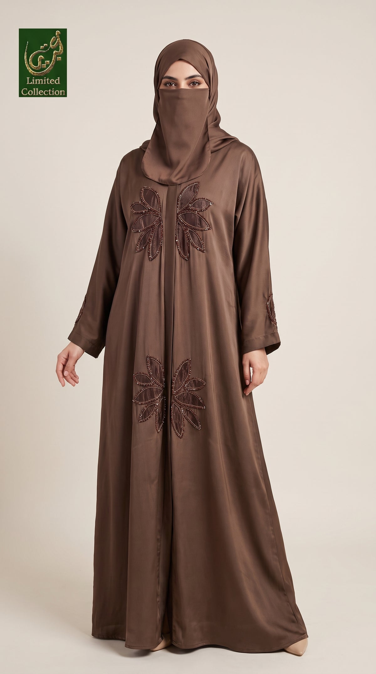 Front-Open Lotus Tissue Handcrafted Cutdana Abaya | Premium Romantic Nida Abaya with Cutdana Handwork