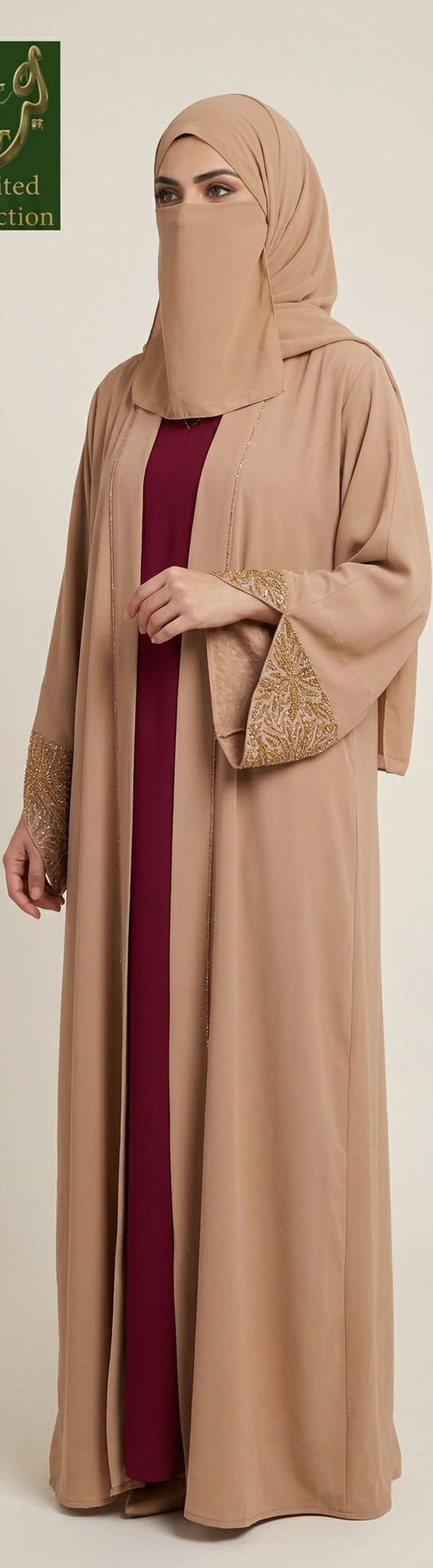 Front-Open Stonework Kimono Abaya with Separate Inner & Scarf | Premium Chiffon Stone-Studded 3 pc Set Abaya+Inner+Scarf