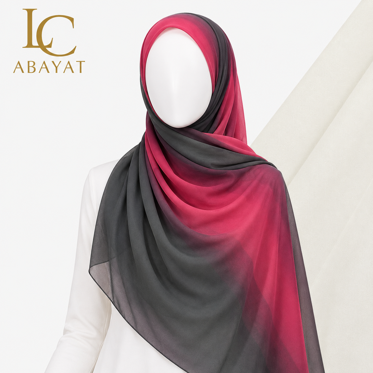 A sheer gradient hijab scarf with a black-to-pink color transition, draped on a white mannequin. The brand logo 'LC ABAYAT' is visible in the top left corner.