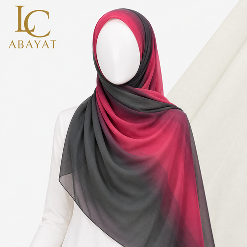 A sheer gradient hijab scarf with a black-to-pink color transition, draped on a white mannequin. The brand logo 'LC ABAYAT' is visible in the top left corner.