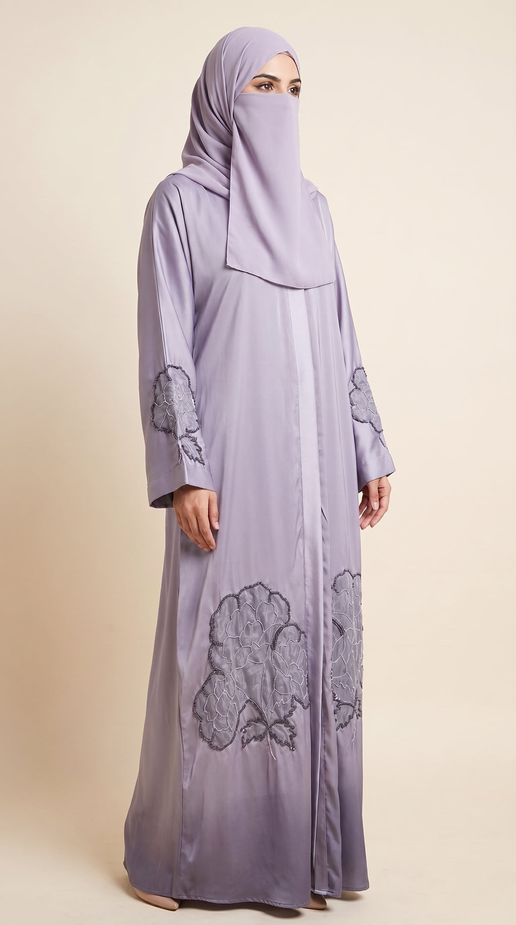 Front-Open Tissue Cutdana Handwork Abaya | Premium Romantic Nida Handcrafted Cutdana Abaya