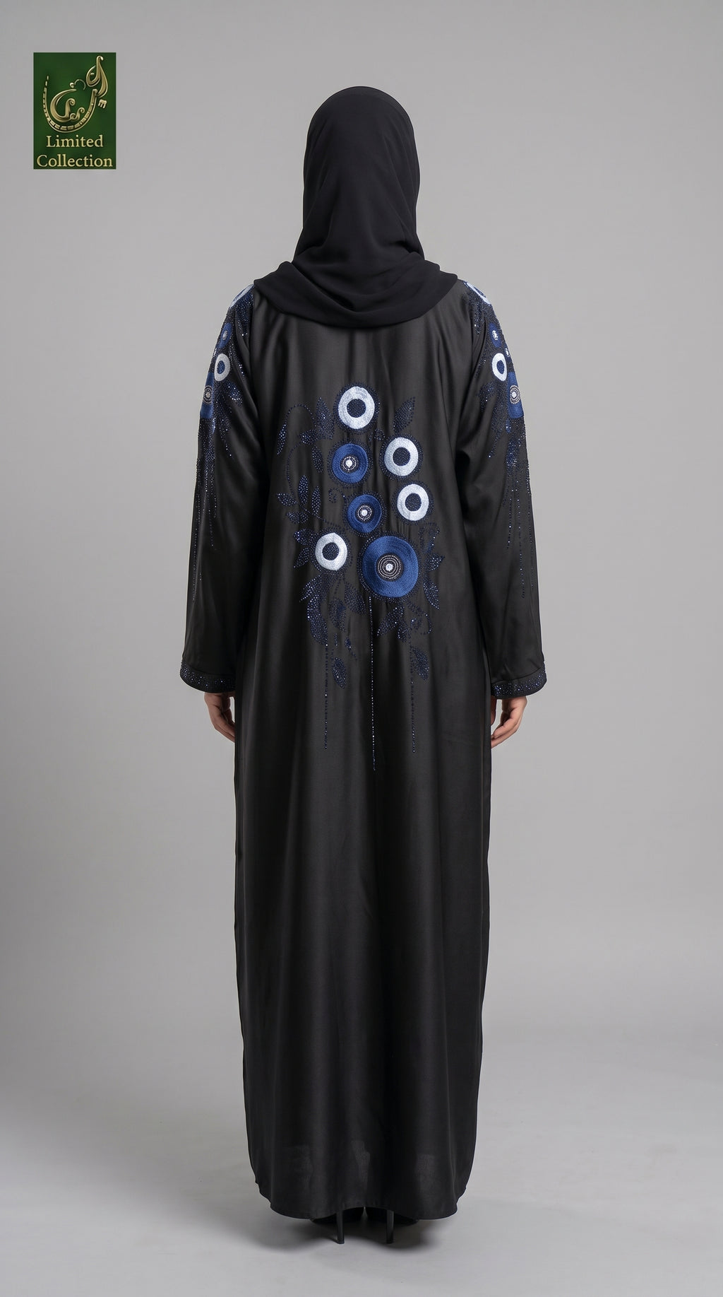 Front Open Stonework Embroidery Black Abaya | Premium Romantic Nida Floral Stone-Embroidered Abaya