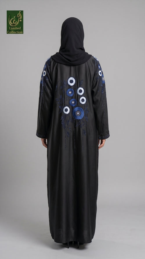 Front Open Stonework Embroidery Black Abaya | Premium Romantic Nida Floral Stone-Embroidered Abaya