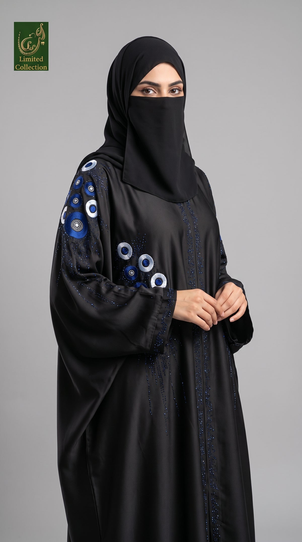 Front Open Stonework Embroidery Black Abaya | Premium Romantic Nida Floral Stone-Embroidered Abaya