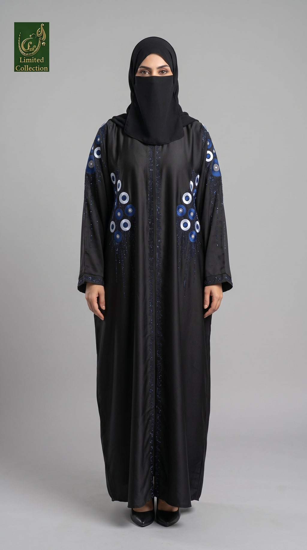 Front Open Stonework Embroidery Black Abaya | Premium Romantic Nida Floral Stone-Embroidered Abaya