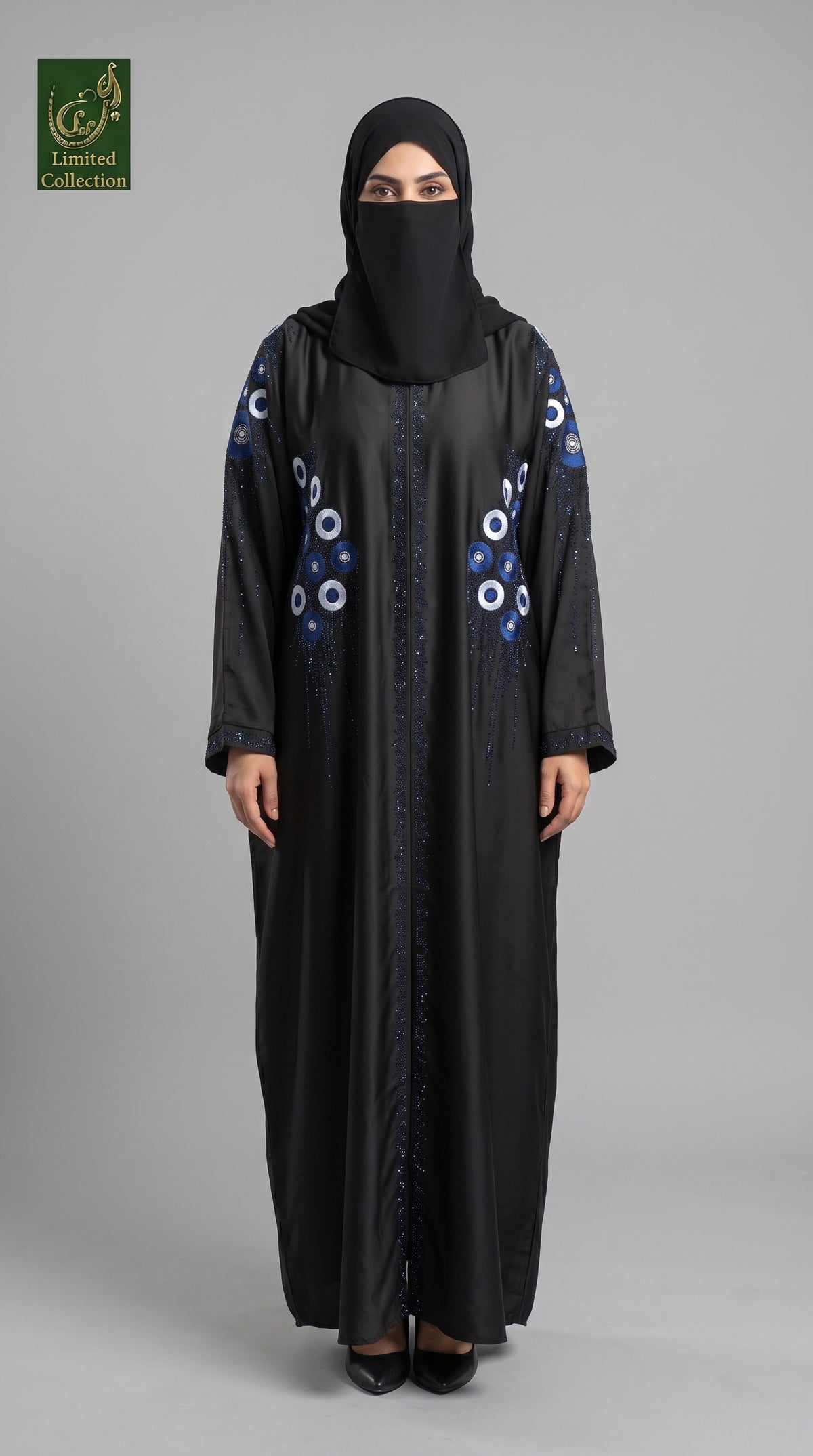 Front Open Stonework Embroidery Black Abaya | Premium Romantic Nida Floral Stone-Embroidered Abaya