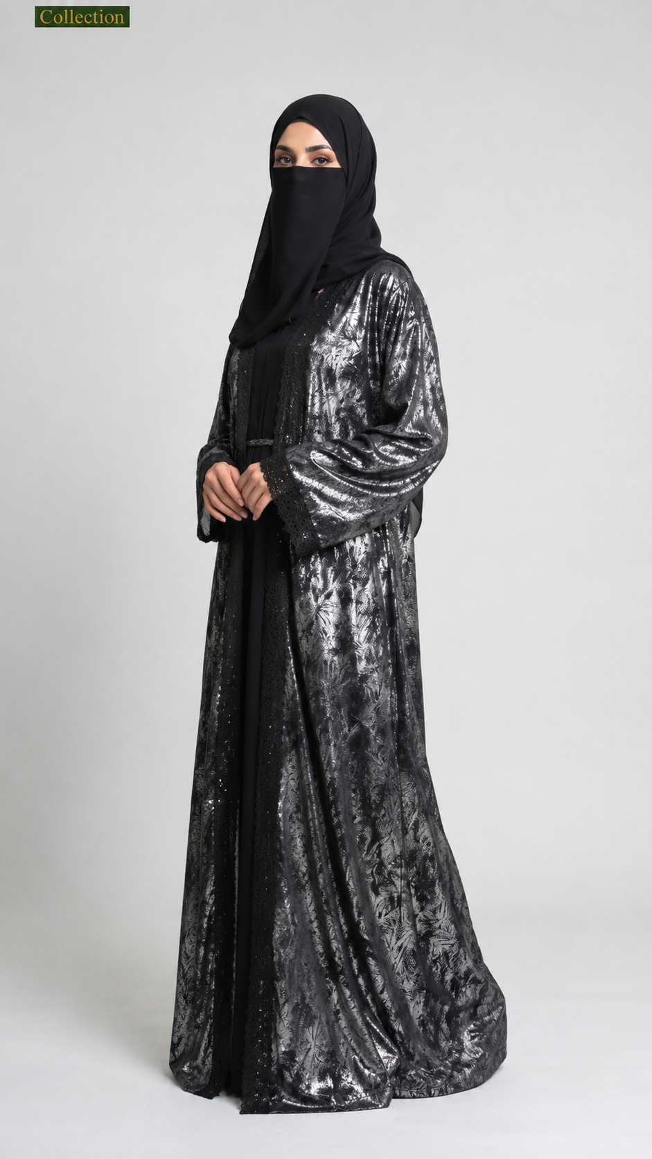 Front-Open Kimono Handwork Abaya with Attached Inner | Premium Velvet Shimmer Nida Cutdana Abaya