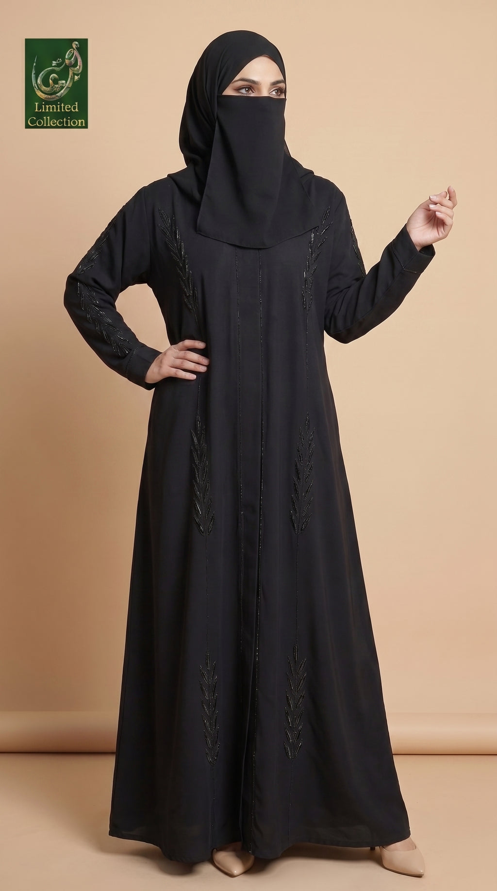 Front Open Black Stonework Embroidered Abaya | Premium R. Nida Stonework Black Abaya