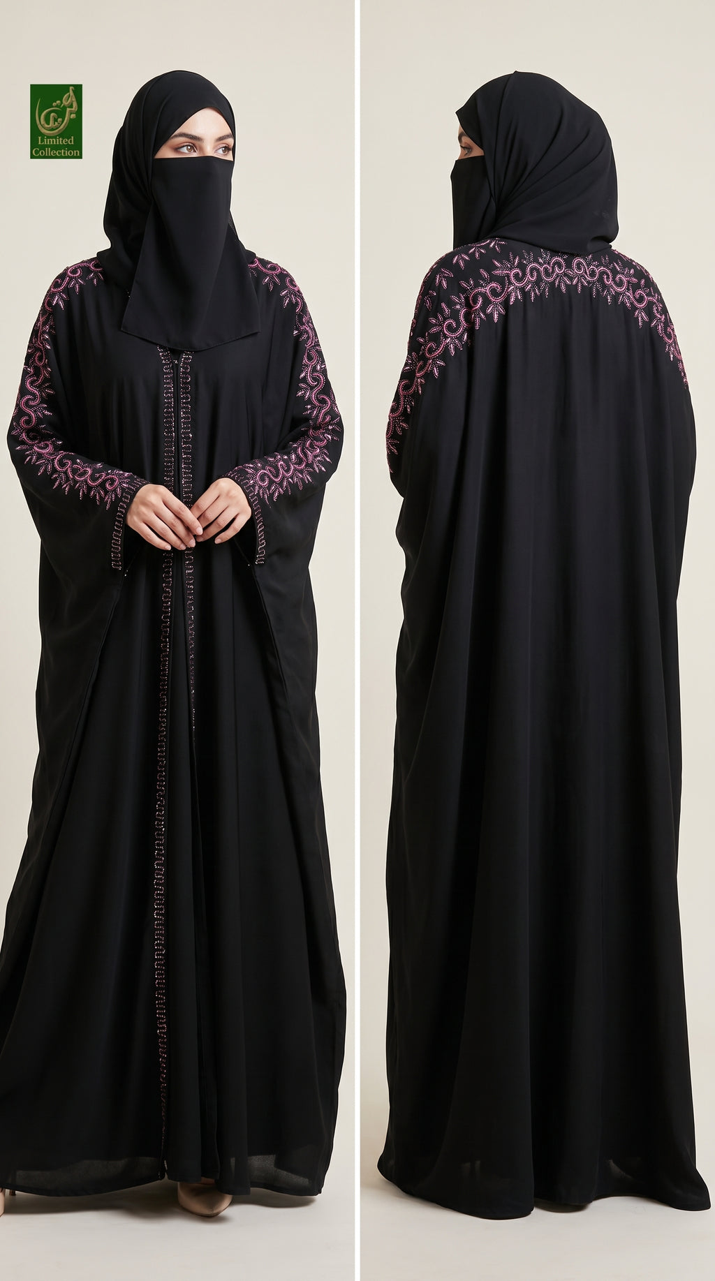 2pc Front-Open Butterfly Kimono Stonework Abaya | Premium Black Nida Abaya With Stone Embroidery