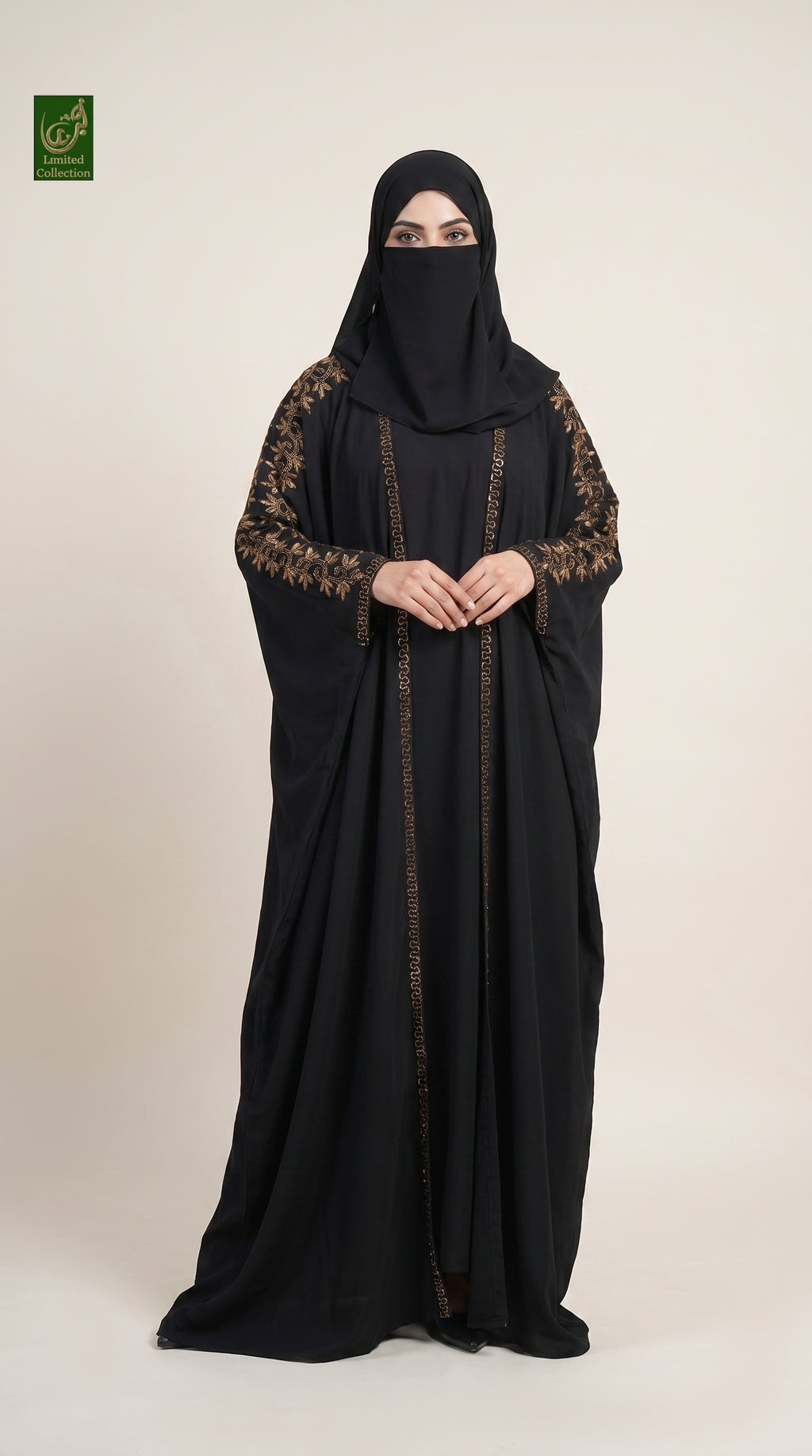 2pc Front-Open Butterfly Kimono Stonework Abaya | Premium Black Nida Abaya With Stone Embroidery