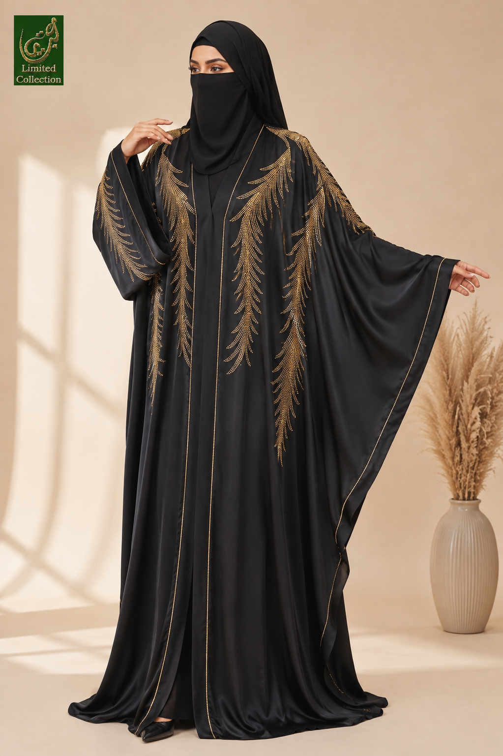 Front-Open Golden Feather Stonework Butterfly Abaya | Premium Nida Stone-Studded Butterfly Sleeve Abaya