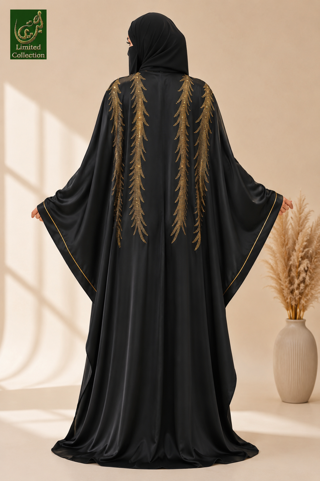 Front-Open Golden Feather Stonework Butterfly Abaya | Premium Nida Stone-Studded Butterfly Sleeve Abaya